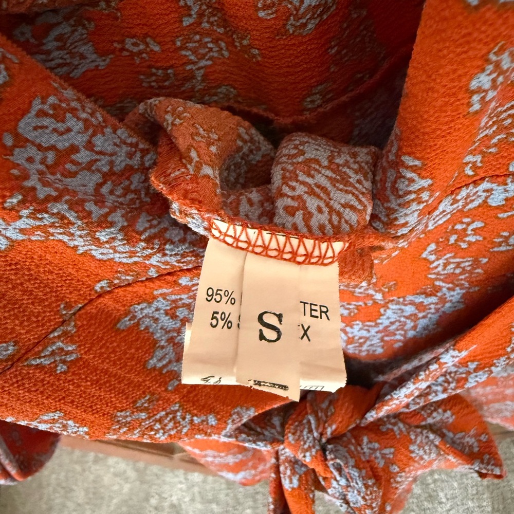 Floral Print Blue and Orange V Neck Long Sleeve Tiered Ruffle Romper - Small - Picture 9 of 10